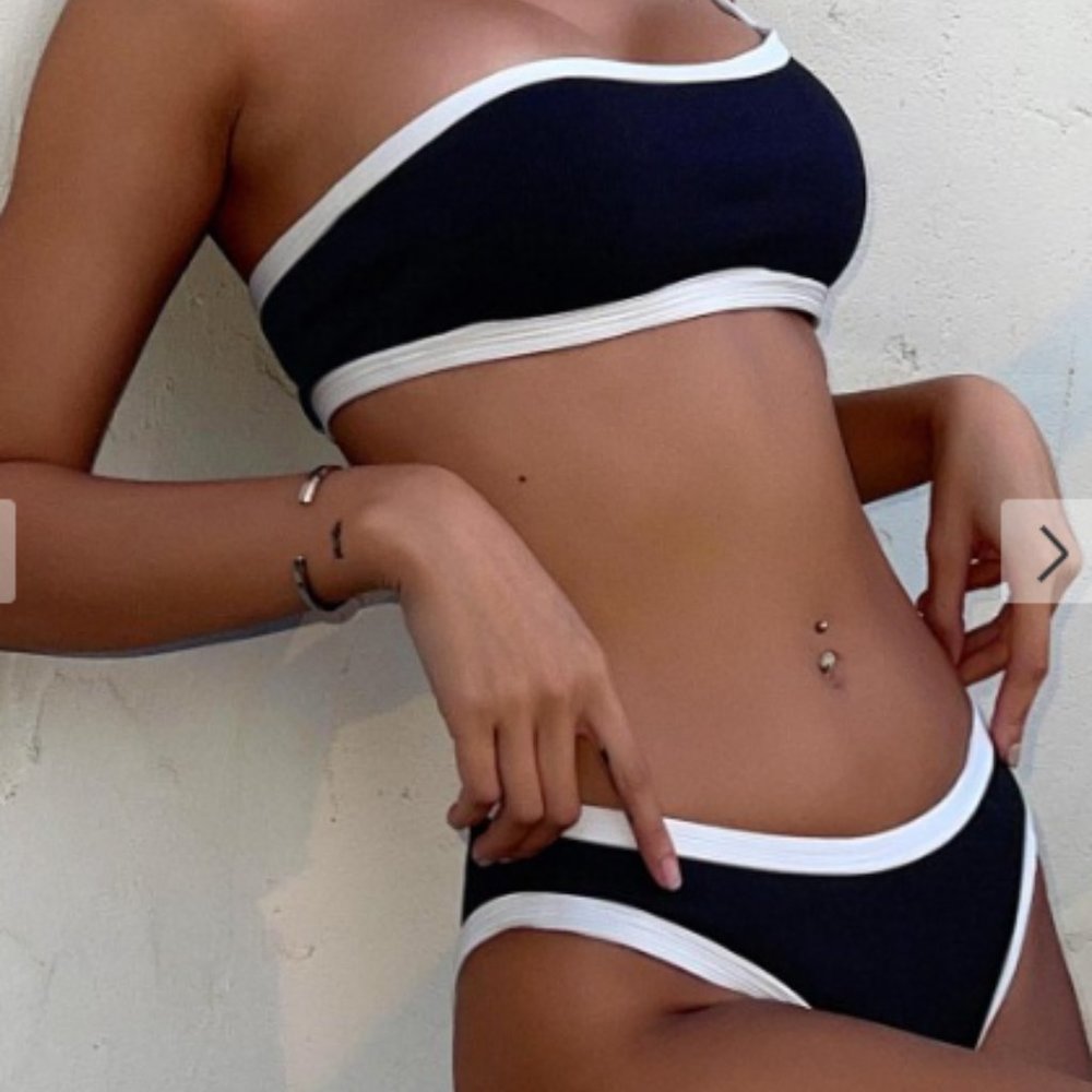 One Shoulder Ribbed Contrast Piping Bikini